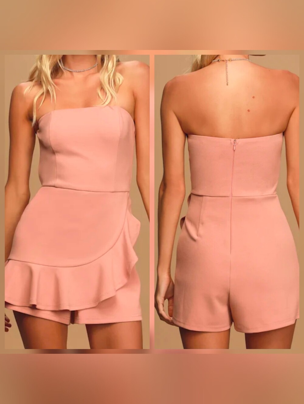 Lulus Call Me Up Blush Pink Mauve Ruffled Strapless Skort Romper, Large, NWT
